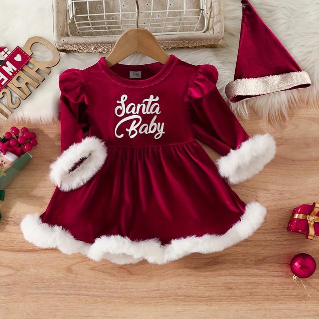 TEMU Red Plush Long-sleeve Triangle Onesie Dress Set For Babies With Christmas Letter Print And Pom-pom Hat, For Outdoor