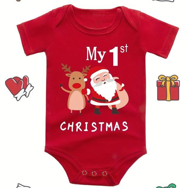 TEMU My 1st Christmas Reindeer Santa Print Newborn Cute Short Sleeve Bodysuit With Christmas Elements, Perfect For Outdoor