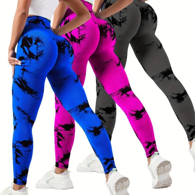 TEMU 3er-Pack Batik-Yoga-Leggings, nahtlos, hochdehnbar, mit Bauchkontrolle, Fitness-Leggings