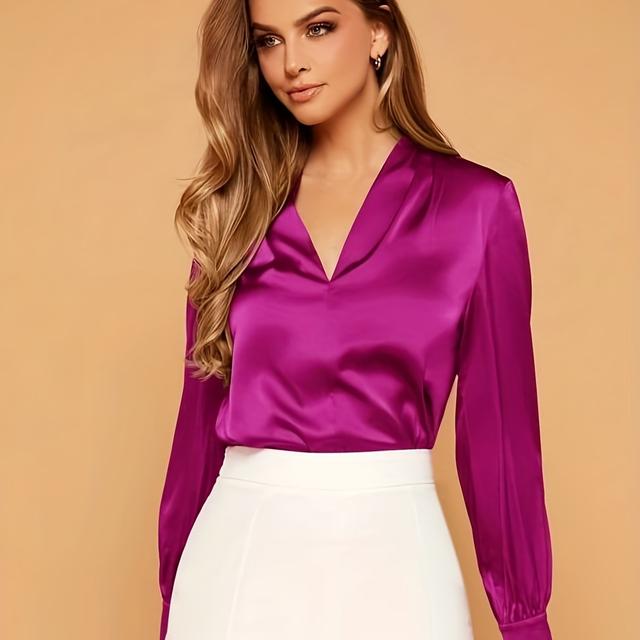 TEMU Camisa de Satén con Cuello en V y Farol para Mujer - Blusa de Larga de Color Sólido con Botones, Ajuste para /Otoño, Tops Casuales y Elegantes Lavables a Máquina, Ropa de Estilo Sofisticada