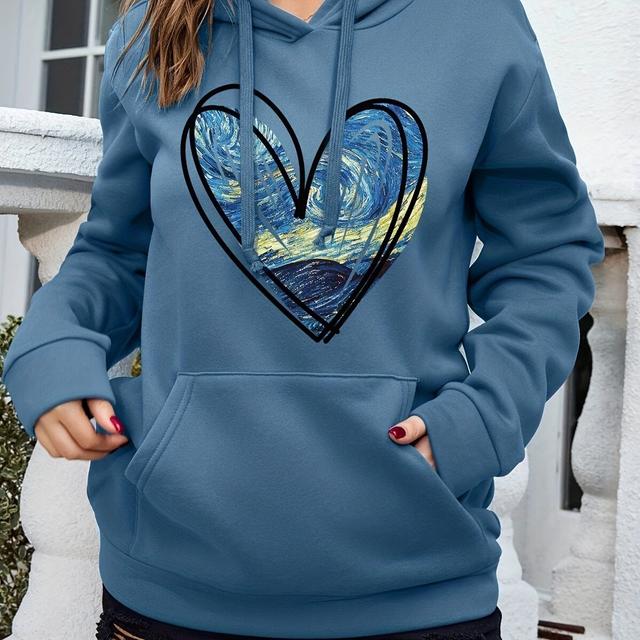 TEMU Hoodie Met Kangoeroezak Met Hartprint, Casual Sweatshirt Met Capuchon Met Trekkoord En Lange Mouwen, Dameskleding