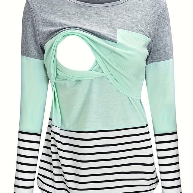 TEMU Long-sleeve T-shirt For Pregnant Women | Boho Style, Crew Neck, Medium Stretch Fabric, Striped Pattern, Color Block Details, Mermaid Hem