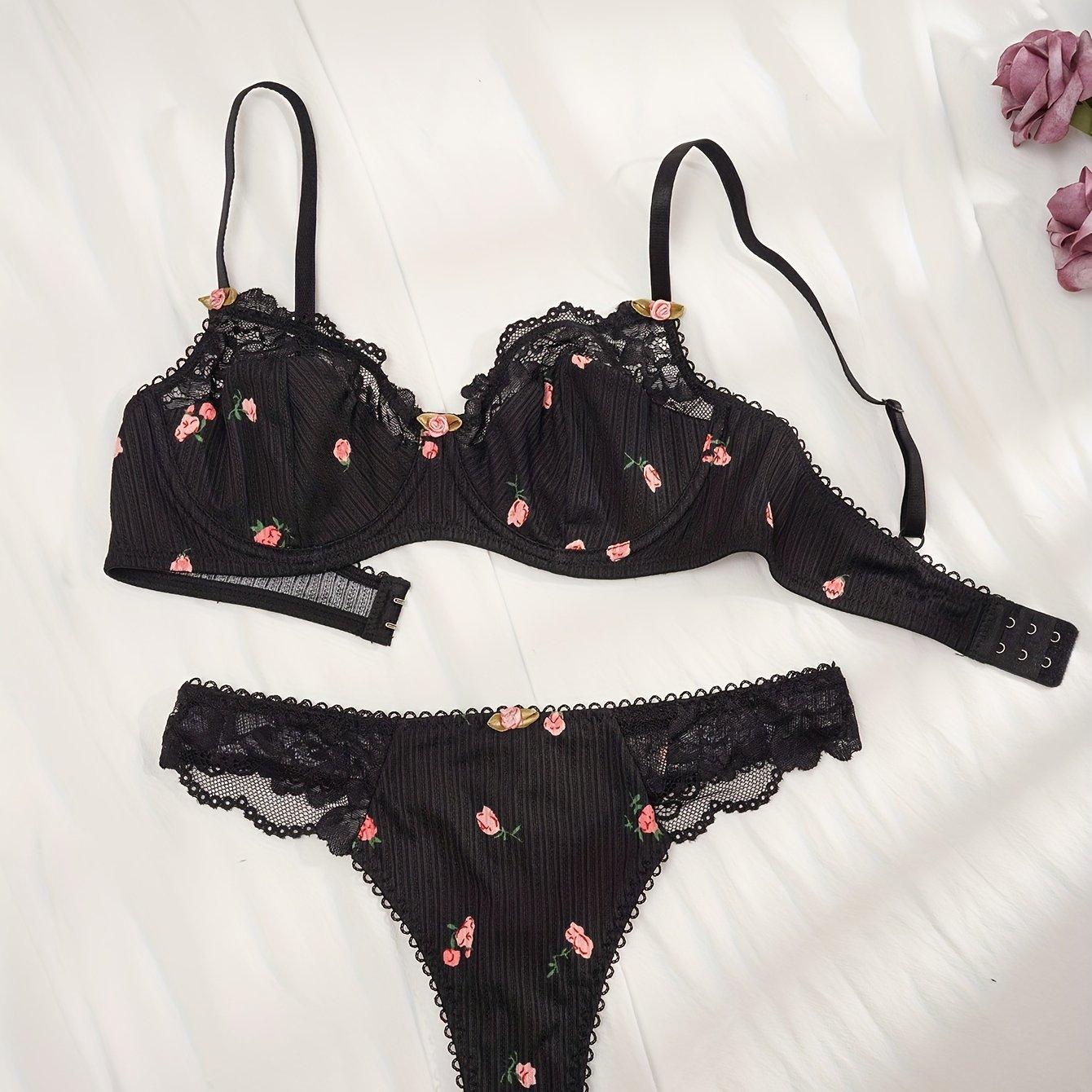 TEMU 1 Set Women' Color Floral Print Bra And Panty Lingerie Set, , Small Floral Pattern, With Adjustable Straps And Lace Trim, For Adult, Intimate Apparel|floral Print Lingerie|adjustable Straps
