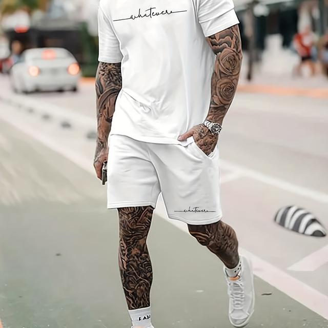 TEMU Men's 2pcs Sportswear Set, Crew Neck Short Sleeve T-shirt With Letter Print & Pocket Detail, Knit Fabric Shorts, Regular Fit, Polyester 95% Spandex 5% - Black