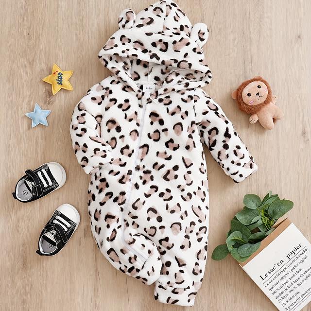TEMU Thick White Leopard Print Flannel Hooded Winter Long-sleeve Baby Onesie, For Outdoor