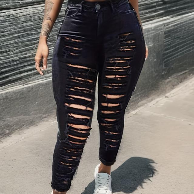 TEMU Damenshorts mit hoher Taille in Schwarz - Zerrissene Skinny Jeans, Distressed Mid-Stretch Denim, Street-, Maschinenwaschbar, Lässige Urban Wear, Saisonale Mode|Highwaist Jeans|Nahtdetails