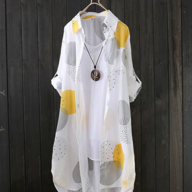 TEMU Allover Print Button Front Blouse, Casual Long Sleeve Thigh Length Blouse For Spring & Fall, Women's Clothing