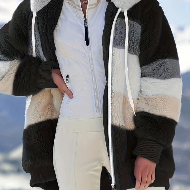 TEMU Plus Size - Women's Cozy Plush Fur Hooded Jacket - Warm Autumn/winter Outerwear With Zipper Closure, Design, And Fluffy Lined For Cozy , Cozy Winter Wear | Elegant Outerwear | Plush Polyester