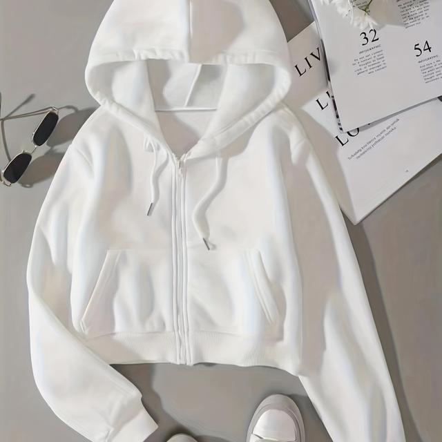 TEMU Solid Drawstring Zip Up Thermal Lined Crop Hoodie