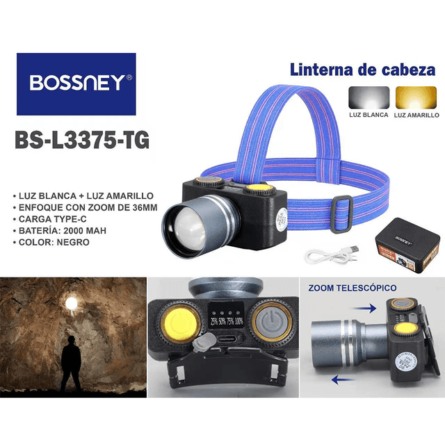 TEMU Linterna Frontal LED Recargable, Ultra , 3 Modos, Ajustable hasta 90°, Zoom Telescópico, Ideal para Camping, Running, Pesca y Senderismo. 20 W, 2000 Mah.