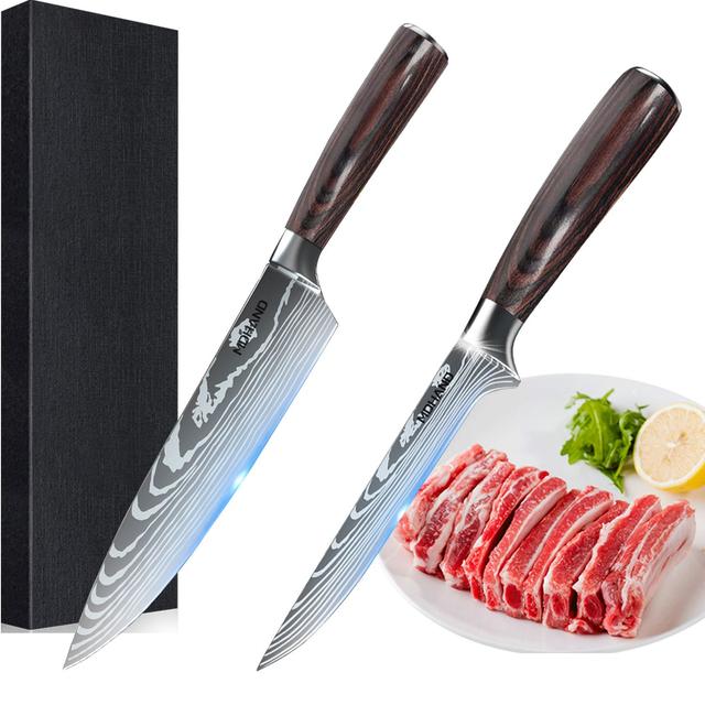 TEMU Juego de 2 cuchillos de cocina de acero inoxidable de calidad, con de láser en la superficie, diseño de mango ergonómico, mango de madera , se pueden usar para cortar verduras, carne y huesos.
