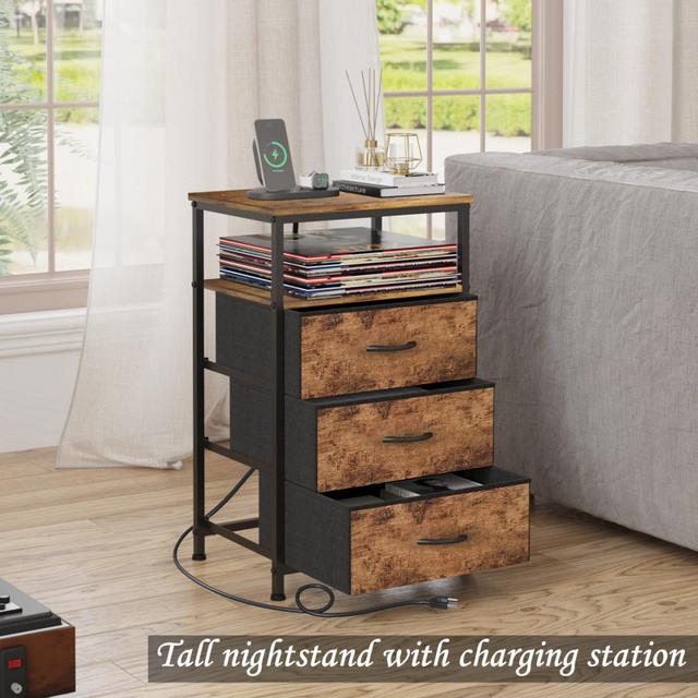 TEMU Mesa Auxiliar Noche con Estación de Carga, 2 Puertos USB, 2 Tomas de Corriente, con Cajones para Recamara y Sala