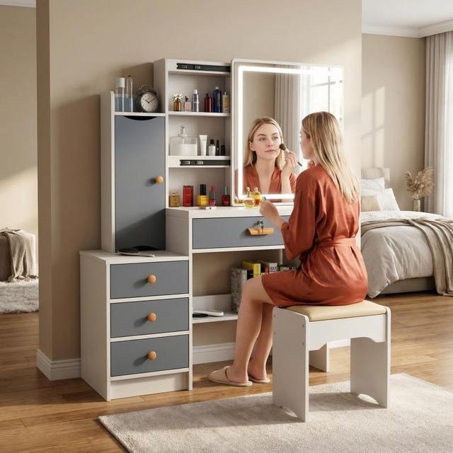 TEMU Tocador con Espejo LED y Taburete Tocador Multifuncional con Almacenamiento para Dormitorio