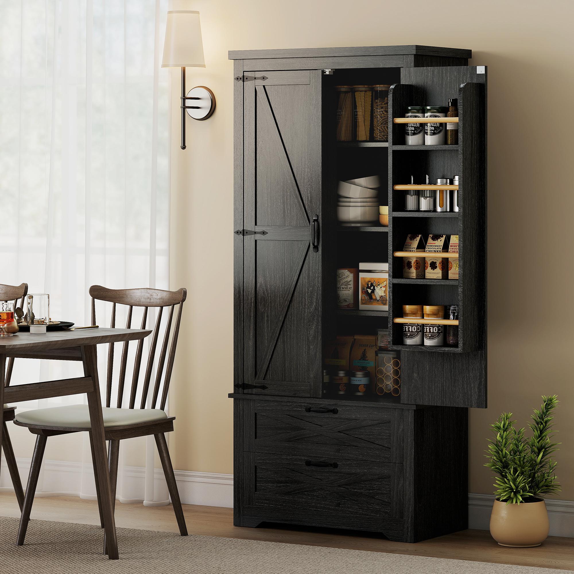 TEMU Homcom 64" Pantry Cabinet, Farmhouse Kitchen Pantry With Doors And Adjustable Shelf, Freestanding Buffet Storage Cabinet With 2 Drawers And 8 Door Shelves, Distressed Black