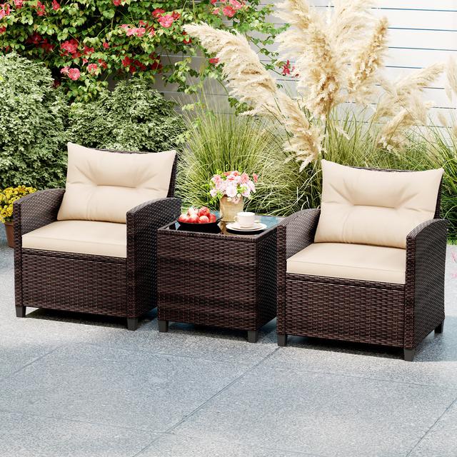 TEMU Costway 3 Pieces Patio Pe Wicker Furniture Set With Red Cushions, Outdoor Conversation Set With Tempered Glass Table, Garden And Balcony