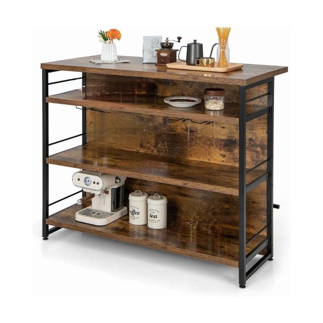 TEMU Costway Industrial Home Bar Unit, 4-tier Liquor Bar Cabinet With 3 Open Shelves, Wine Rack & Stemware Holders, Kitchen Island With Footrest & Adjustable Foot Pads For Pub Kitchen, Rustic Brown