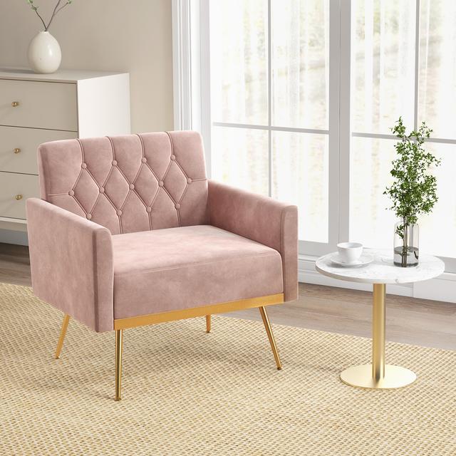 TEMU Costway Mid-century Upholstered Accent Chair, Modern Velvet Sofa Chair With Button Tufted Back, Golden Metal Legs, Adjustable Foot Pads, Leisure Single Sofa For Living Room Bedroom Study Office
