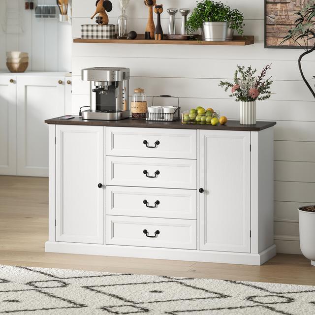 TEMU Homcom 58" Sideboard Buffet Cabinet With Charging Station And Thickened Top, Farmhouse Coffee Bar Cabinet With 4 Quiet Drawers And 2 Adjustable Shelves, White Wood Grain