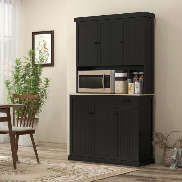 TEMU Homcom Modern Kitchen Pantry Storage Cabinet With Microwave Oven Countertop, Freestanding Buffet Cabinet With Hutch, Drawer, And Adjustable Shelves, Black