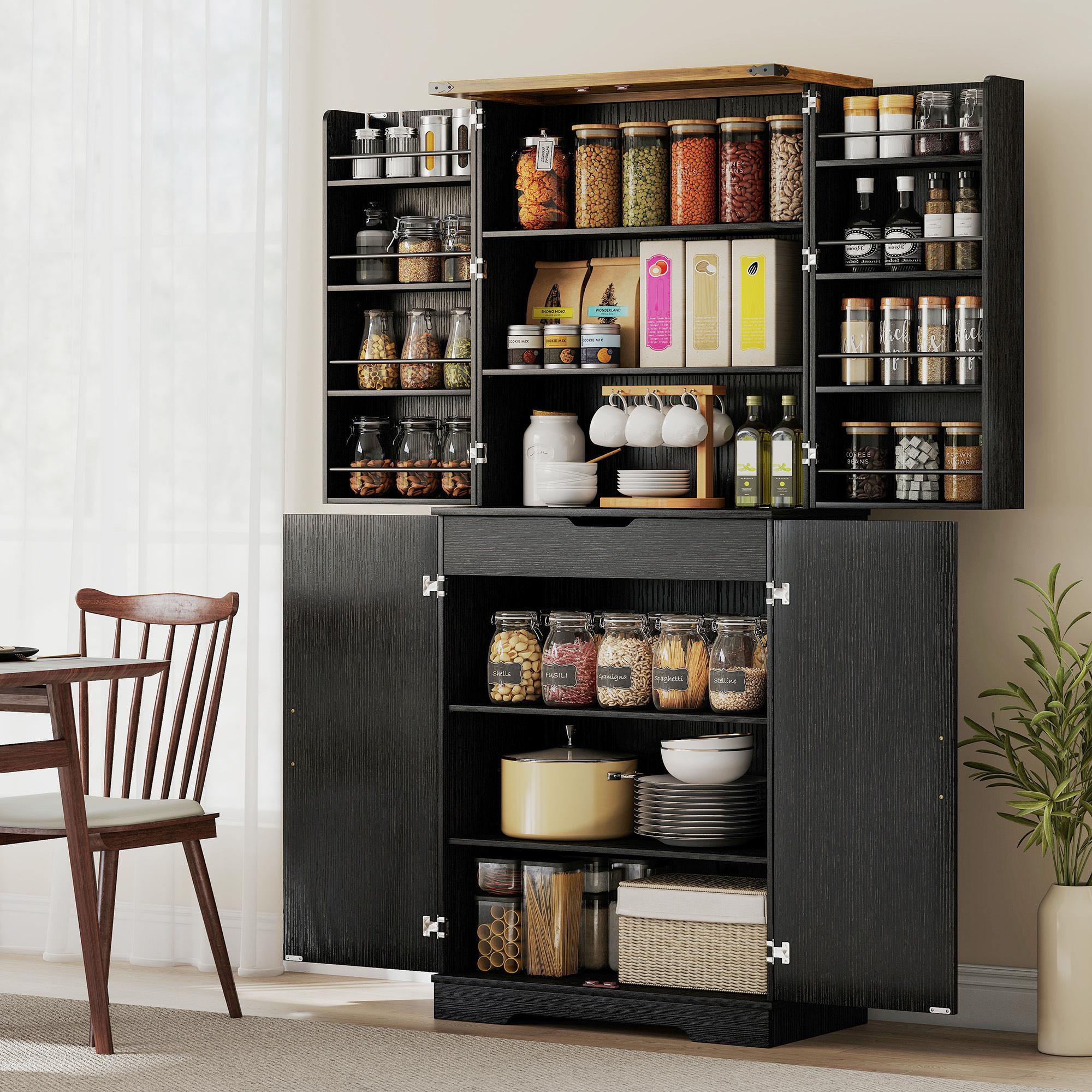 TEMU Homcom 72" Kitchen Pantry Cabinet, Farmhouse Freestanding Tall Kitchen Storage Cabinet With 4 Barn Doors, Hidden Drawer, 8 Door Shelves And Adjustable Shelf, Black