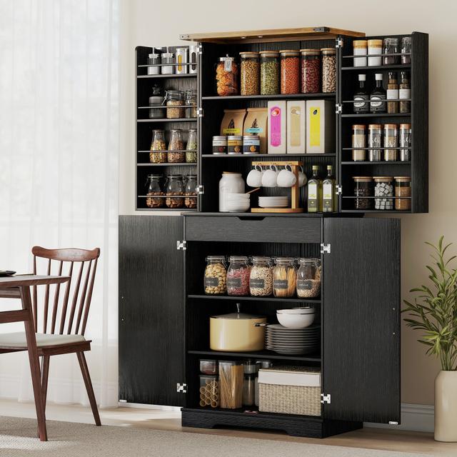 TEMU Homcom 72" Kitchen Pantry Cabinet, Farmhouse Freestanding Tall Kitchen Storage Cabinet With 4 Barn Doors, Hidden Drawer, 8 Door Shelves And Adjustable Shelf, Black