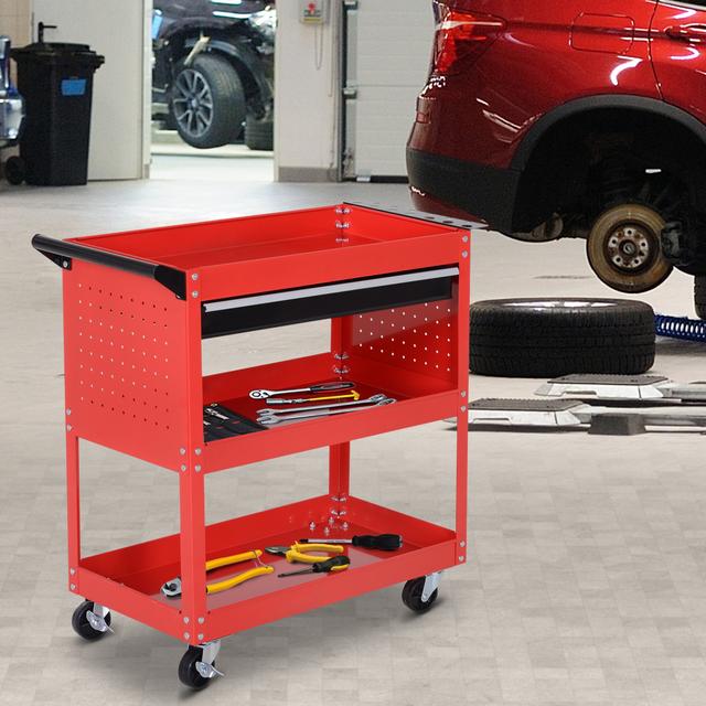 TEMU Rolling Tool Cart With Wheels, 132 Lbs Capacity Steel Heavy Duty Cart With Ball Bearing Drawer, Trays, Tool Chest For Garage, Warehouse, Workshop, Red