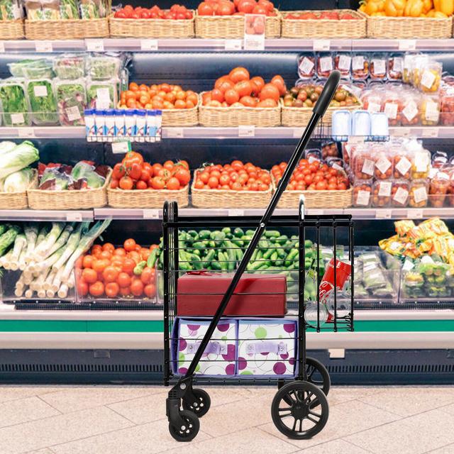 TEMU Costway Folding Shopping Cart With Dual Swivel Wheels And Double Baskets, Portable Grocery Cart With Adjustable Handle, Utility Cart For Shopping, Laundry, Grocery