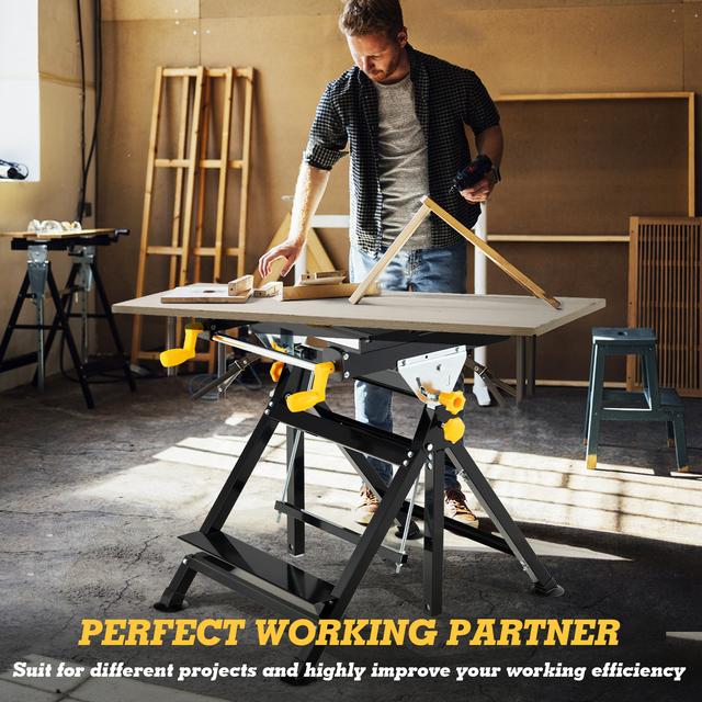 TEMU Costway Folding Work Table, Portable Workbench With Tiltable Platform And 7-level Adjustable Height, Multifunctional Workstation With 8 Sliding Non-marring Clamps And 2 Rotary Clamping Handles