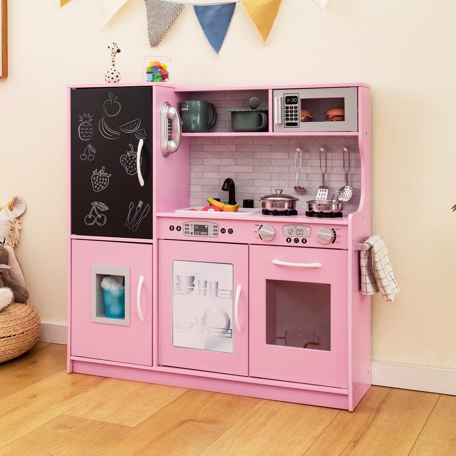 TEMU Costway Pretend Play Kitchen, Toddler Kitchen Playset W/ Blackboard, Phone, Microwave, Ice Maker, Dishwasher & Oven, Wooden Kitchen Toy With Accessories