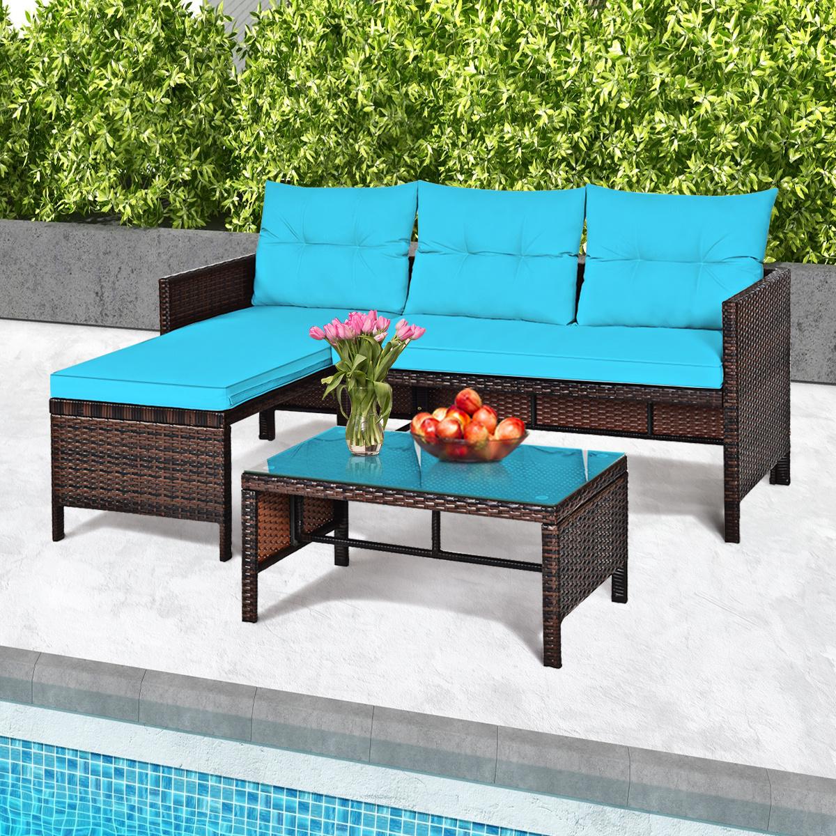 TEMU Costway 3pcss Outdoor Rattan Sectional Sofa Set, Garden 3pcss Furniture Set, Patio Wicker Conversation Set With & Cushions, Ideal For Garden, Lawn, Pool, And Backyard