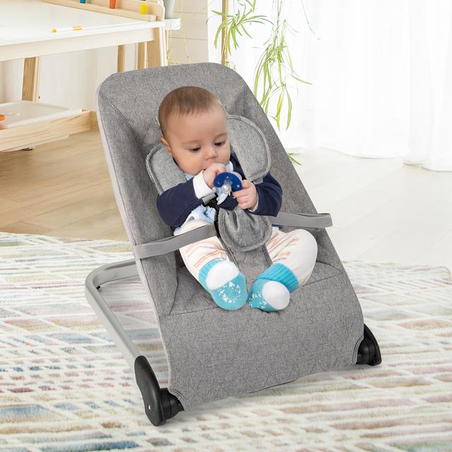 TEMU Costway Baby Bouncer, Foldable Baby Rocker With 5-point Safety Harness, Removable Fabric Cover And Toy Bar, Portable Bouncer Seat With Aluminum Base For Newborns & Babies