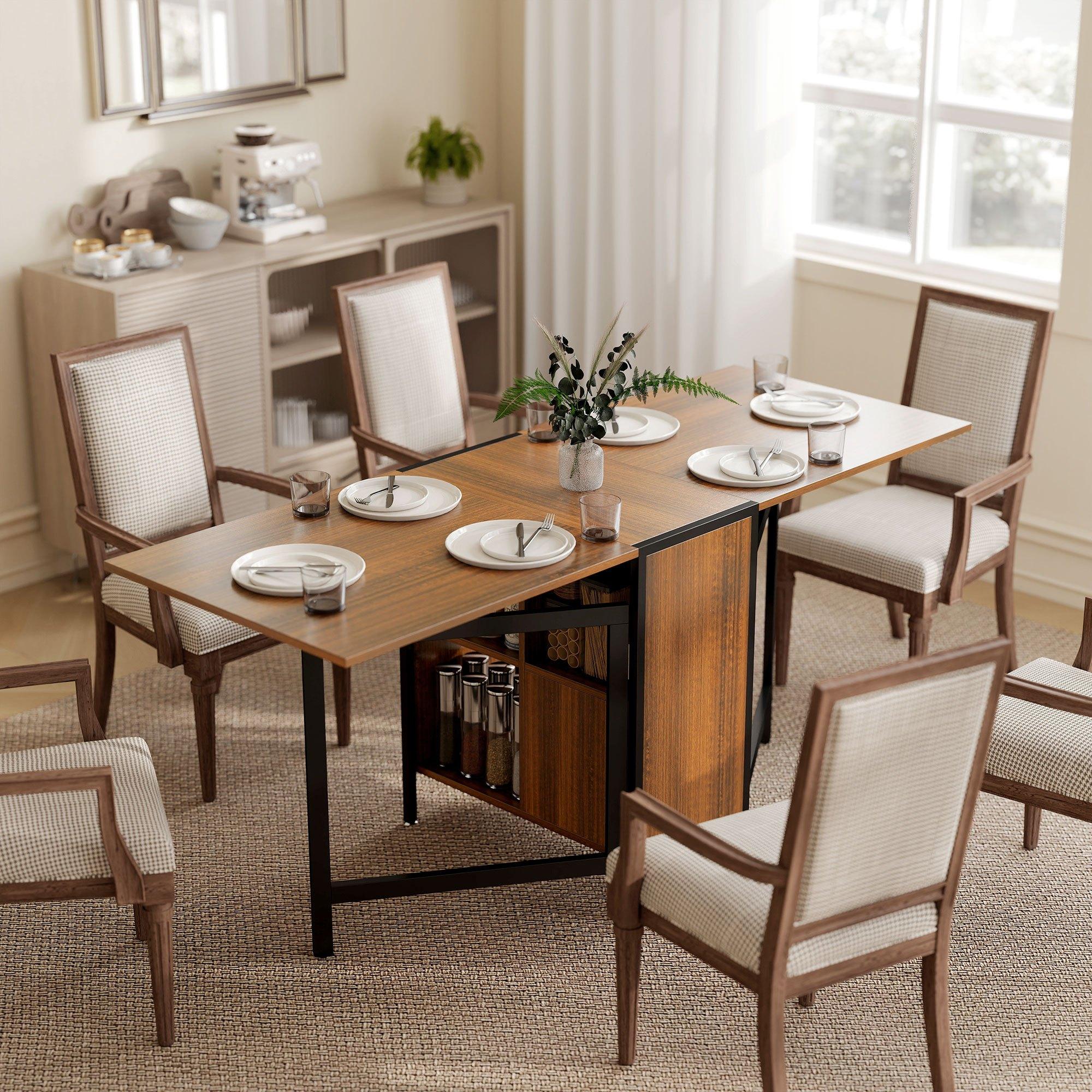 TEMU Homcom Folding Dining Table For 4 People, 67" Space Saving Drop Leaf Table With Storage Shelves For Small Spaces, Kitchen, Dining Room, Brown