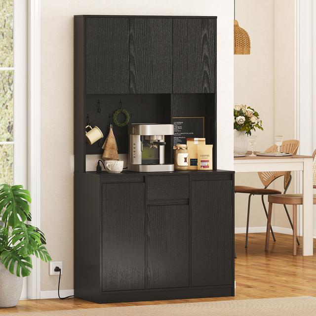 TEMU Homcom 71" Pantry Cabinet With Charging Station, Kitchen Storage Cabinet With Microwave Stand, Kitchen Hutch With Pegboard, 6 S-hooks, Adjustable Shelves For Dining Room, Black