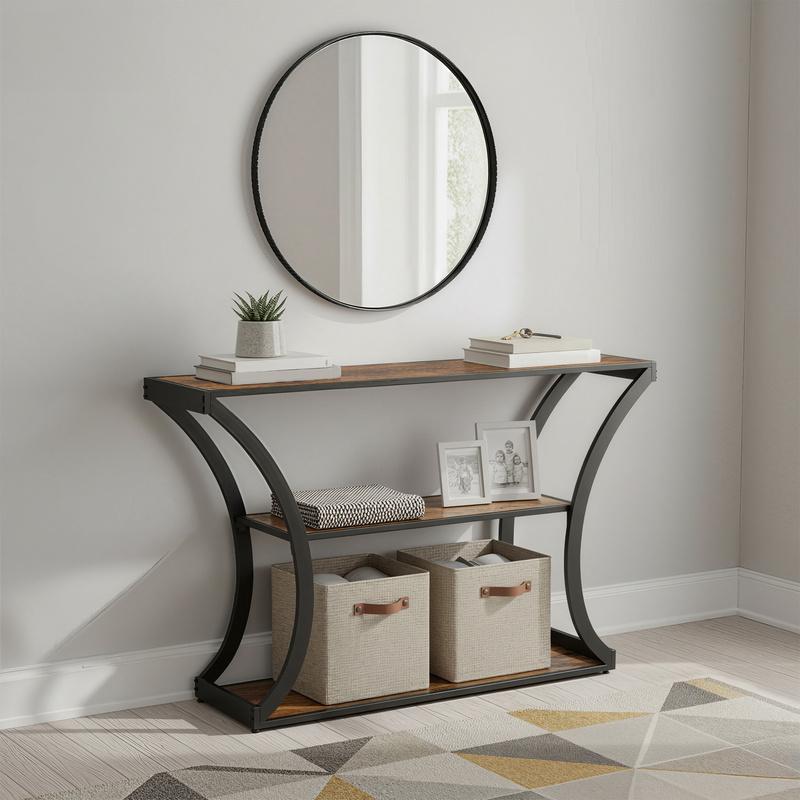 TEMU Console Table, Sofa Table, Entryway Table With Curved Frames, Long Table Top, 2 Open Shelves, For Hallway Entryway Living Room, Rustic Brown And Black