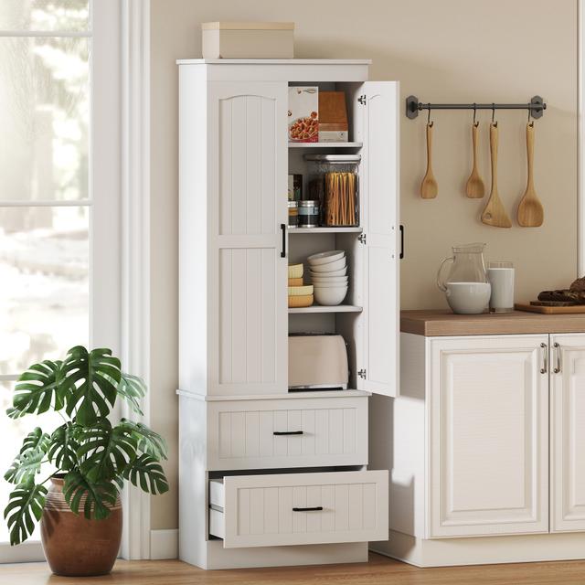 TEMU Homcom Tall Pantry Cabinet, 67" Kitchen Storage Cabinet With Adjustable Shelves And 2 Drawers, Farmhouse Freestanding Cupboard For Kitchen, Dining Room, Living Room, White