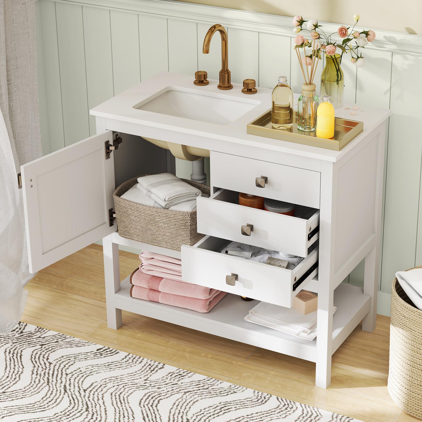 TEMU Giantex Bathroom Vanity Unit With Basin, Freestanding Bathroom Floor Storage Cabinet With Extra Wide Granite Countertop, Ceramic Sink, Drawers And Open Shelf, White, 36" X 19" X 34".