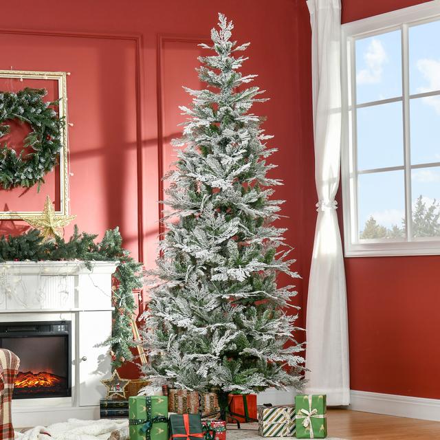 TEMU 7.5 Ft Pencil Snow Flocked Artificial Christmas Tree With Realistic Branches, Auto Open, Green