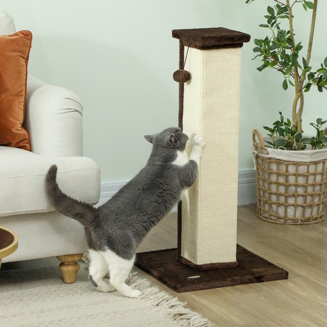 TEMU 32" Tall Cat Scratching Post For Indoor Cats And Kittens, Vertical Claw Scratcher, Sisal Cat Scratcher With Hanging Ball And Soft Plush, Brown