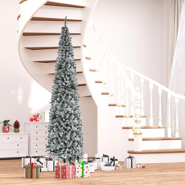 TEMU 9ft Snow Flocked Pencil Christmas Tree, Artificial Slim Tree With Realistic Branch Tips, Folding Metal Stand, Green