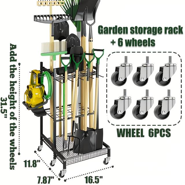 TEMU Garden Tool Organizer With 6 Wheels, Yard Rack For Garage Organization And Storage, Long-handled Tools/rakes/brooms, Heavy Duty Steel Garden Tool Stand For Shed, Outdoor Father's Day Gifts