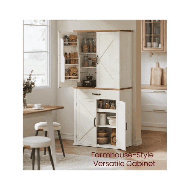 TEMU Collection - Pantry Cabinet, 70.3-inch Tall Farmhouse Kitchen Storage Cabinet With Barn Doors, Drawer, Tray, Adjustable Shelves, For Kitchen, Dining Room, Rustic White