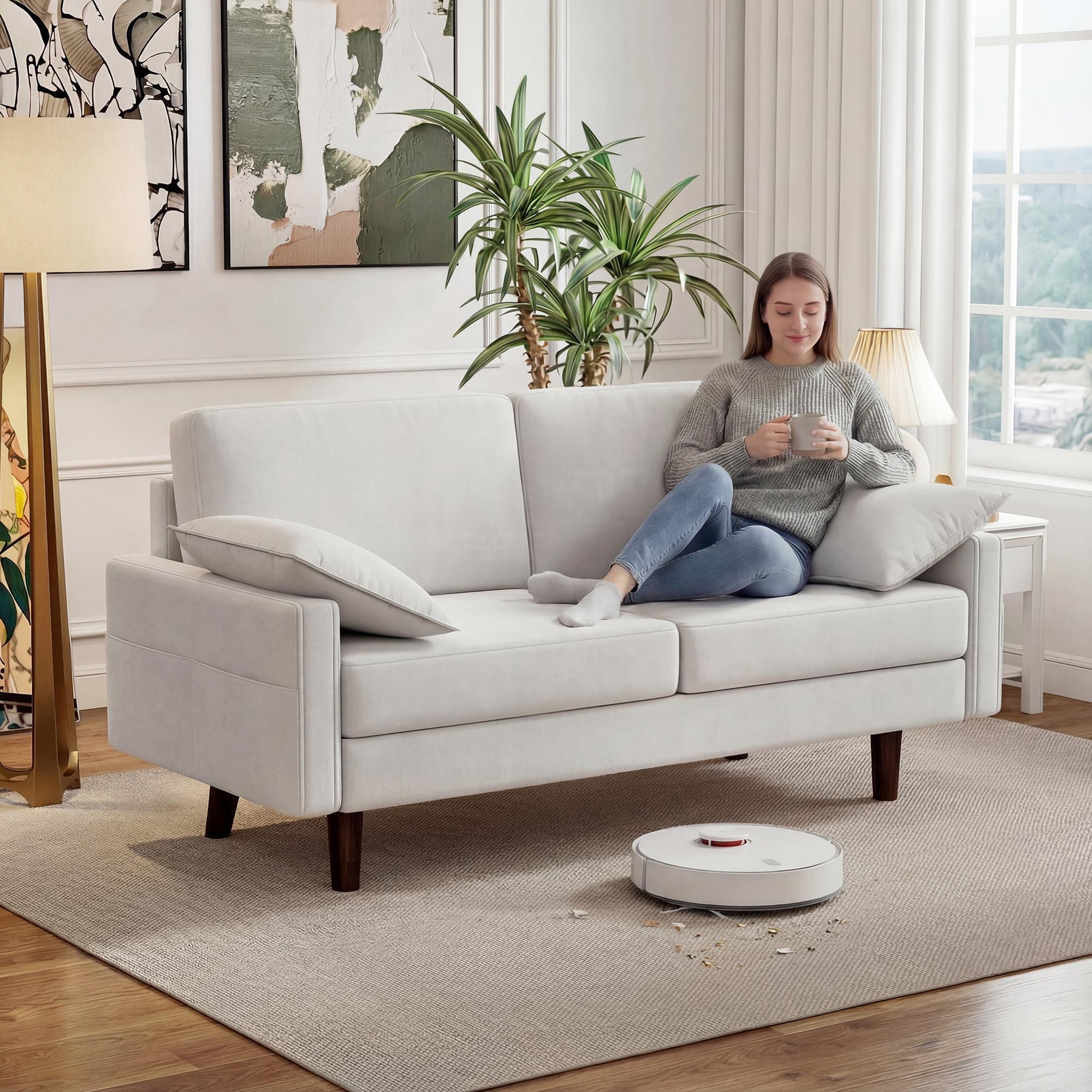 TEMU Homcom 66.5" 3 Seater Sofa, Velvet Upholstered Couch With Spring Cushions, Rubber Wood Legs And 2 Pillows, Modern Sofa For Living Room, Bedroom, Apartment, Home Office, Cream White