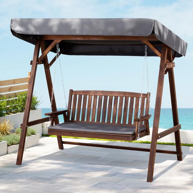 TEMU Gardeon Outdoor Wooden Swing Chair Garden Bench Canopy Cushion 3 Seater Charcoal
