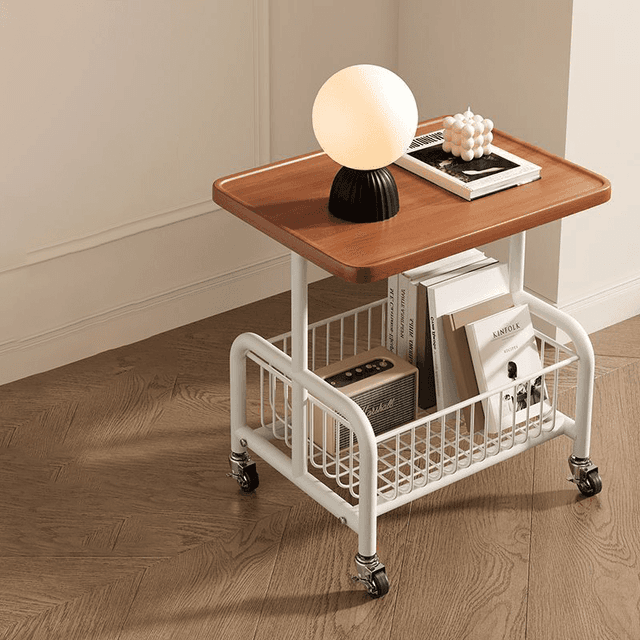 TEMU 시크한 크림 스타일 모바일 사이드 테이블, 금속 프레임 & 메쉬 바스켓 - 거실, 침실 또는 작은 공간을 위한 다기능 캐주얼 커피 테이블, 거실 테이블