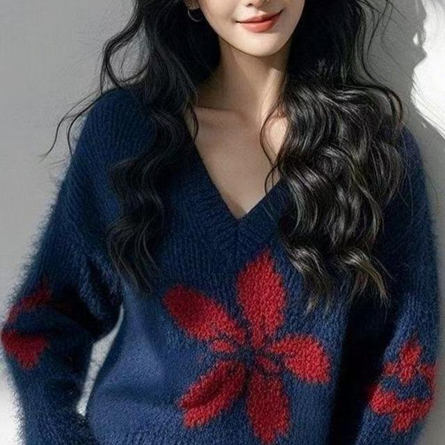 TEMU 2025년 신상 스타일리시 탑 V넥 루즈 니트 스웨터 여성용 스타일리시 패션 V넥 스웨터