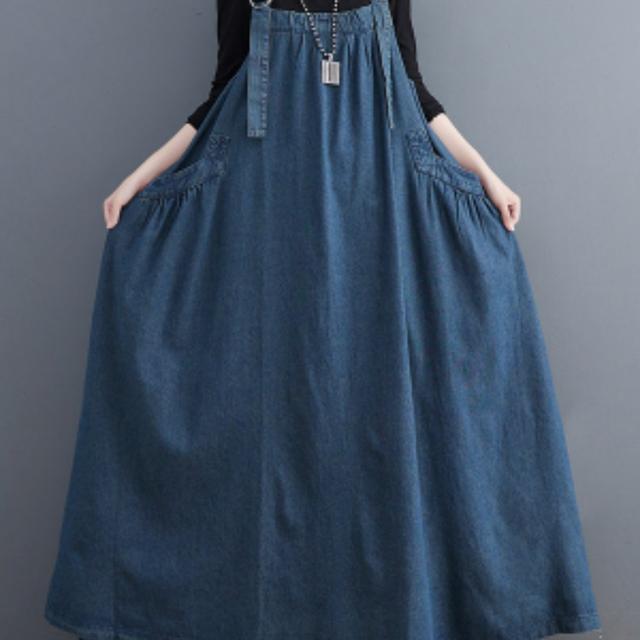 TEMU 봄, 여름, 가을 긴 스커트, 레트로 루즈 & 슬리밍 데님 스트랩 스커트, 큰 스윙이 있는 롱 드레스