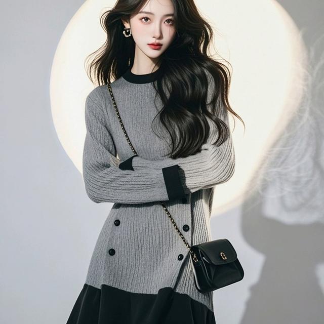 TEMU 2025년 가을 올해 인기 기품 있는 클래식하고 활용도 높은 하이엔드 레이지 스타일의 멋진 그레이 스티치 캐주얼 드레스