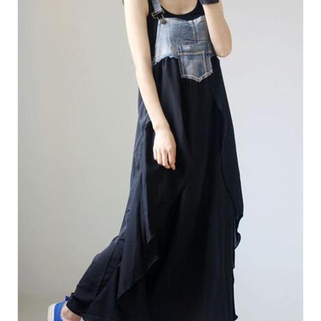 TEMU 2025 여름 신상 플러스 사이즈 루즈핏 캐주얼 롱 슬립싱 시폰 스트랩 데님 드레스