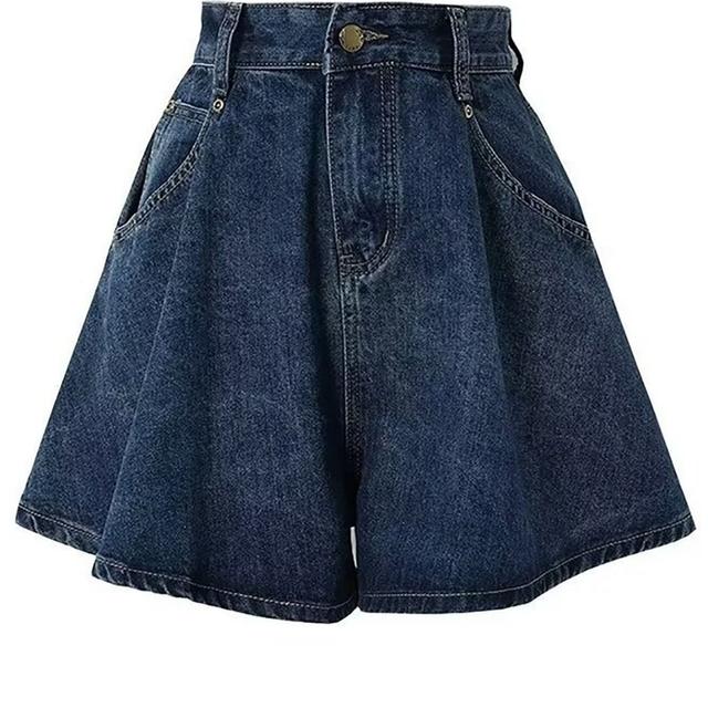TEMU 여성 여름 데일리 캐주얼 얇은 통기성 주름 치마바지 심플 빈티지 하이웨스트 날씬해 보이는 캐주얼 포켓 와이드 데님 반바지 슬림소녀 SLIM GIRL
