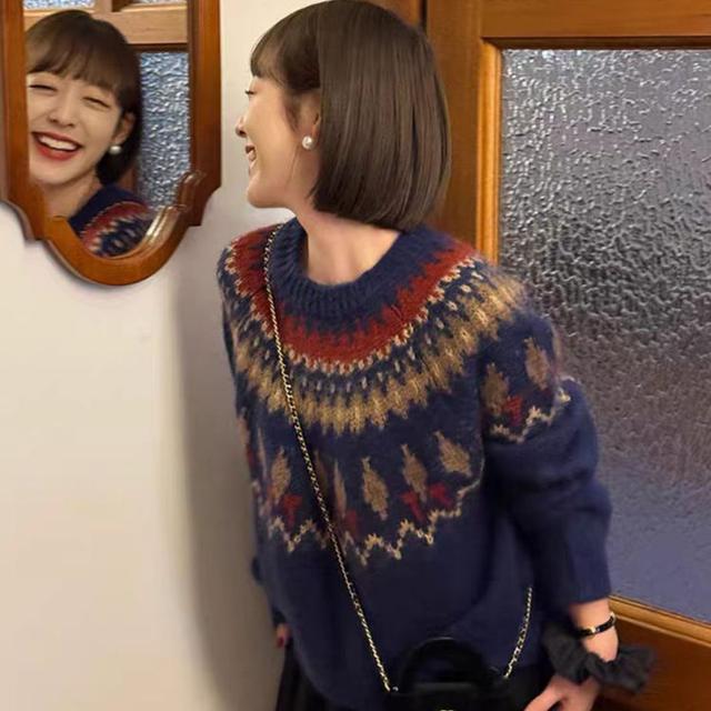 TEMU 여성 스웨터 가을 겨울 한국 크리스마스 분위기 루즈한 게으른 스타일 네이비 블루 탑